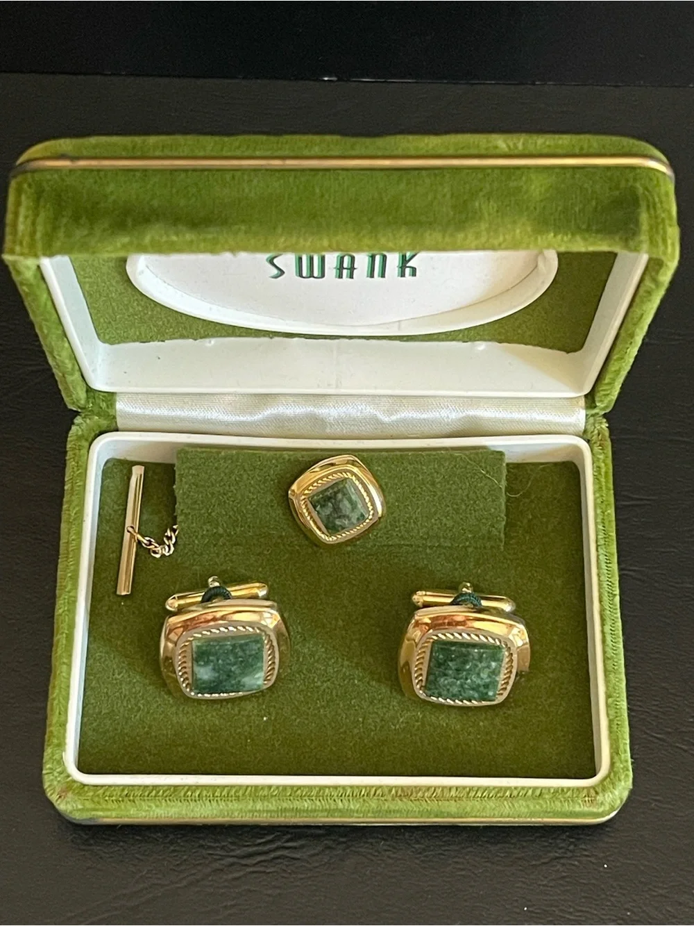 SWANK Gold-Tone Cufflinks and Tie Tack with Green jade Stone Centers